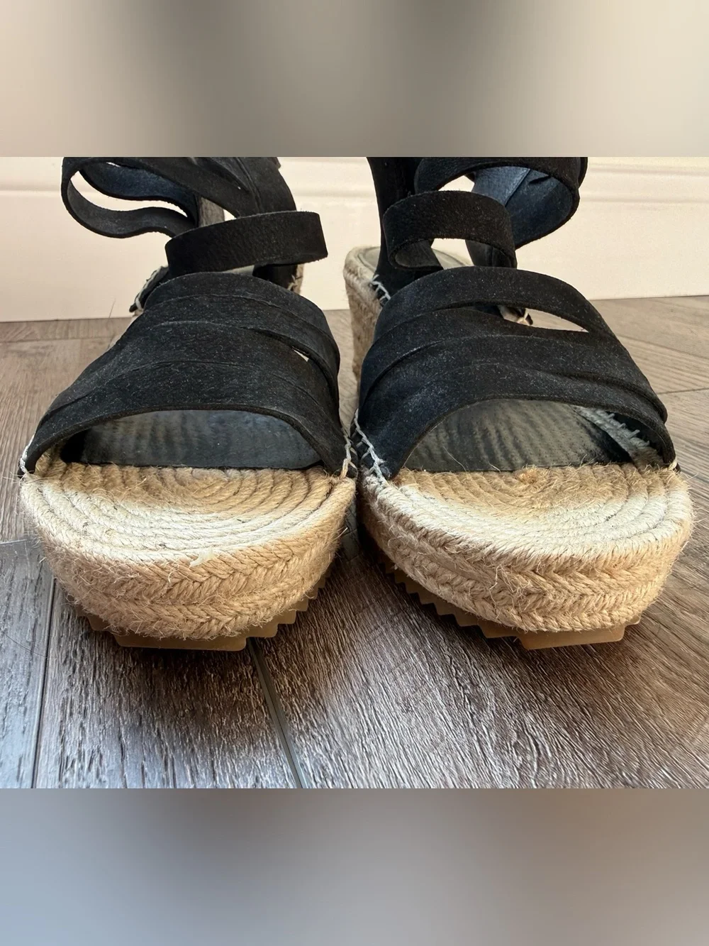 Eileen Fisher Black Suede Layered Espadrille Wedge Sandals